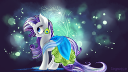 Size: 1920x1080 | Tagged: safe, artist:segraece, rarity, pony, unicorn, g4, clothes, dress, female, mare, peacock feathers, solo
