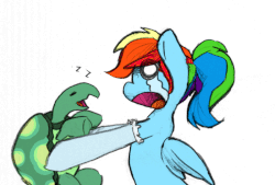 Size: 700x472 | Tagged: safe, artist:the-wag, rainbow dash, tank, pegasus, pony, g4, tanks for the memories, alternate hairstyle, animated, clothes, crying, eyes closed, female, mare, open mouth, ponytail, shaking, sleeping, socks, stockings, wide eyes, zzz
