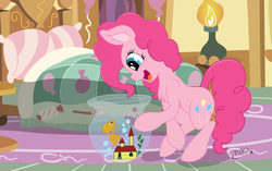 Size: 1024x645 | Tagged: safe, artist:cyanyeh, artist:midnightblitzz, pinkie pie, goldfish, g4, bed, cute, female, pet, solo, vector