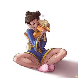 Size: 2400x2400 | Tagged: safe, artist:captainpudgemuffin, applejack, human, g4, chun li, crossover, cute, fluffy, grin, heart, high res, hug, jackabetes, kimono (clothing), nuzzling, one eye closed, simple background, sitting, smiling, street fighter, white background, wink
