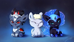 Size: 2035x1164 | Tagged: safe, artist:sverre93, derpy hooves, king sombra, nightmare moon, g4, colt, colt sombra, cute, daaaaaaaaaaaw, derpabetes, duckface, eyes closed, filly, hnnng, male, moonabetes, nightmare woon, one of these things is not like the others, sitting, sombradorable
