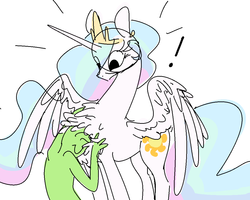 Size: 1101x879 | Tagged: safe, artist:nobody, princess celestia, oc, oc:anon, alicorn, human, pony, g4, chest fluff, crown, cuddling, exclamation point, female, fluffy, human male, jewelry, male, mare, regalia, simple background, sketch, snuggling, spread wings, surprised, white background, wide eyes