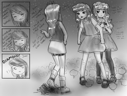 Size: 1155x872 | Tagged: safe, artist:alloyrabbit, apple bloom, applejack, big macintosh, button mash, diamond tiara, sweetie belle, twilight sparkle, human, g4, clothes, destruction, dialogue, dress, frown, glare, humanized, macro, monochrome, open mouth, question mark, self ponidox, skirt, sweet apple acres, wat, wide eyes