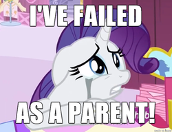 Size: 610x468 | Tagged: safe, edit, edited screencap, screencap, rarity, pony, unicorn, g4, sisterhooves social, caption, cropped, crying, failure, female, i've failed as a parent, image macro, meme, parent, running makeup, solo, teeth, text