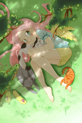 Size: 800x1200 | Tagged: safe, artist:paulina-ap, fluttershy, cat, human, g4, barefoot, cute, feet, flip-flops, grass, high angle, humanized, looking at you, shyabetes, winged humanization