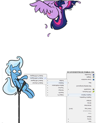 Size: 900x1132 | Tagged: safe, artist:egophiliac, edit, trixie, twilight sparkle, alicorn, pony, g4, crash, duo, faceplant, feather, female, fourth wall, frown, harness, inconvenient trixie, mare, microsoft windows, reversed, splat, spread wings, suspended, twilight sparkle (alicorn), upside down, wide eyes, woonoggles