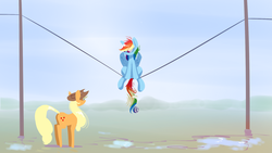 Size: 1920x1080 | Tagged: safe, artist:underpable, applejack, rainbow dash, earth pony, pegasus, pony, derpin daily, g4, behaving like a bird, female, hat, lineless, mare, smiling, telephone pole, wallpaper