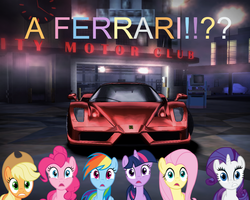 Size: 1280x1024 | Tagged: safe, applejack, fluttershy, pinkie pie, rainbow dash, rarity, twilight sparkle, g4, enzo ferrari, ferrari, mane six, need for speed, need for speed carbon