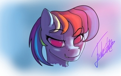 Size: 2126x1335 | Tagged: safe, artist:elzzombie, rainbow dash, g4, female, portrait, simple background, smiling, solo