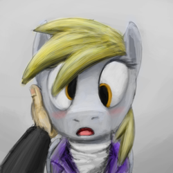Size: 1000x1000 | Tagged: safe, artist:unsavorydom, derpy hooves, human, g4, :o, blushing, clothes, coat, hand, open mouth, petting