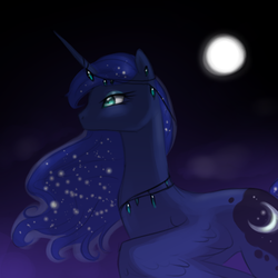 Size: 640x640 | Tagged: safe, artist:bhappybug, princess luna, g4, earring, female, horn, horn jewelry, jewelry, moon, necklace, night, piercing, solo, spread wings