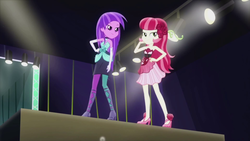 Size: 1920x1080 | Tagged: safe, edit, edited screencap, screencap, amethyst star, roseluck, sparkler, equestria girls, g4, life is a runway, catwalk, clothes, dress, female, high heels, long hair, shoes, strapless