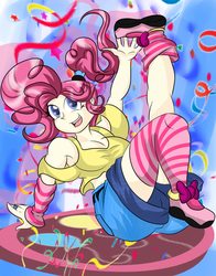 Size: 855x1093 | Tagged: safe, artist:fourze-pony, pinkie pie, human, g4, cleavage, clothes, confetti, curvy, cute, female, humanized, smiling, socks, solo, striped socks