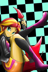 Size: 1000x1500 | Tagged: safe, artist:d-lowell, sunset shimmer, equestria girls, g4, my little pony equestria girls: rainbow rocks, clothes, cute, electric guitar, female, guitar, jacket, leather jacket, looking at you, musical instrument, rock (music), shimmerbetes, skirt, solo