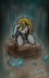 Size: 1207x1920 | Tagged: safe, artist:foldeath, derpy hooves, pegasus, pony, g4, adoption, box, crying, female, homeless, mare, pony in a box, rain, sad, solo