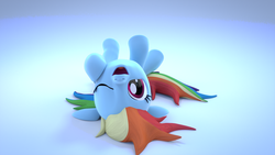 Size: 1920x1080 | Tagged: safe, artist:creatorofpony, rainbow dash, pony, g4, 3d, 3d model, blender, cute, dashabetes, female, hnnng, looking at you, on back, open mouth, silly, smiling, solo, wallpaper, wink