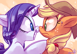 Size: 1025x725 | Tagged: safe, artist:whitediamonds, applejack, rarity, earth pony, pony, unicorn, rarijack daily, g4, applejack's hat, boop, cowboy hat, duo, duo female, female, freckles, frown, grin, hat, horn, lesbian, looking at each other, looking at someone, mare, noseboop, ship:rarijack, shipping, smiling, sweat, sweatdrop