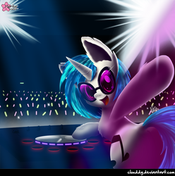 Size: 900x908 | Tagged: safe, artist:clouddg, dj pon-3, vinyl scratch, pony, unicorn, g4, crowd, female, glowstick, looking at you, looking back, looking back at you, open mouth, open smile, smiling, solo, solo focus, turntable