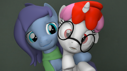 Size: 1280x720 | Tagged: safe, artist:jeijei, oc, oc only, oc:aural harmony, oc:righty tighty, earth pony, pony, unicorn, 3d, ambiguous gender, clothes, cute, duo, female, floppy ears, glasses, mare, scarf, silly, source filmmaker