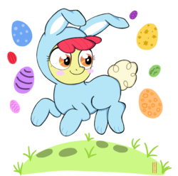 Size: 1934x1920 | Tagged: safe, artist:entou, apple bloom, earth pony, pony, g4, adorabloom, animal costume, blush sticker, blushing, bunny bloom, bunny costume, clothes, costume, cute, easter, easter egg, egg, female, filly, holiday, solo