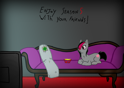Size: 1280x912 | Tagged: safe, artist:lazerblues, oc, oc only, oc:anon, oc:miss eri, anonymous, black and red mane, couch, emo, popcorn, television, two toned mane