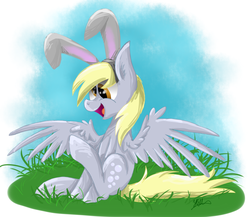 Size: 2400x2084 | Tagged: safe, artist:hilis, derpy hooves, pegasus, pony, g4, bunny ears, day, easter, easter bunny, featured image, female, grass, high res, mare, open mouth, sitting, smiling, solo, spread wings