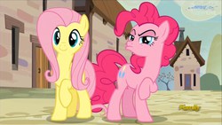 Size: 1433x806 | Tagged: safe, screencap, fluttershy, pinkie pie, g4, the cutie map, pouting, smiling