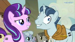 Size: 1433x806 | Tagged: safe, screencap, party favor, starlight glimmer, pony, unicorn, g4, season 5, the cutie map, derp, discovery family logo, equal cutie mark, faic, female, grin, i didn't listen, it begins, lidded eyes, male, mare, s5 starlight, silly, silly pony, smiling, stallion