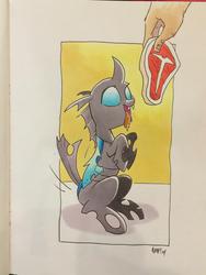 Size: 600x800 | Tagged: safe, artist:tony fleecs, changeling, behaving like a dog, changelings eating meat, cute, steak, tail wag, traditional art
