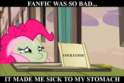 Size: 960x640 | Tagged: safe, edit, edited screencap, screencap, pinkie pie, earth pony, pony, g4, the cutie map, fanfic, female, green face, mare, nauseous, reaction image, sweat, sweatdrop, winnie the pink