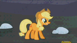 Size: 454x254 | Tagged: safe, screencap, applejack, earth pony, pony, g4, the cutie map, animated, bucking, cute, discovery family logo, female, hoofy-kicks, horses doing horse things, jackabetes, open mouth, rearing, smiling, solo, talking, that pony sure can buck