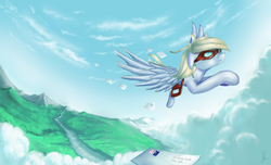 Size: 2800x1700 | Tagged: safe, artist:alicekvartersson, derpy hooves, pegasus, pony, g4, female, flying, goggles, mail, mailbag, mailmare, mare, scenery, solo