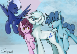 Size: 2047x1447 | Tagged: safe, artist:sakuracheetah, double diamond, night glider, party favor, sugar belle, earth pony, pegasus, pony, unicorn, g4, the cutie map, equal four, eyes closed, female, flying, male, mare, open mouth, raised hoof, stallion