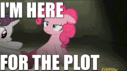 Size: 363x203 | Tagged: safe, edit, edited screencap, screencap, fluttershy, pinkie pie, rarity, sugar belle, g4, the cutie map, animated, butt, butt touch, caption, female, hoof on butt, i watch it for the plot, image macro, meme, meta, non-consensual butt fondling, personal space invasion, plot