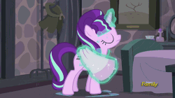 Size: 500x280 | Tagged: safe, screencap, fluttershy, starlight glimmer, pegasus, pony, unicorn, g4, the cutie map, animated, butt, cutie mark, cutie mark reveal, dat towelin', discovery family, discovery family logo, female, glimmer glutes, looking back, magic, mare, out of context, plot, telekinesis, towel, towel flossing, window
