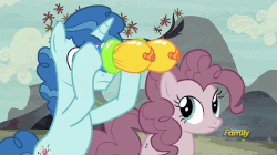 Size: 500x280 | Tagged: safe, screencap, party favor, pinkie pie, earth pony, pony, unicorn, g4, the cutie map, animated, balloon, balloon binoculars, binoculars, discovery family, discovery family logo, duo, equal cutie mark, female, male, mare, stallion