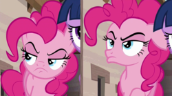 Size: 1000x555 | Tagged: safe, screencap, pinkie pie, twilight sparkle, alicorn, pony, g4, the cutie map, faic, female, frown, lidded eyes, manface, mare, skeptical, twilight sparkle (alicorn), when she doesn't smile
