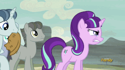 Size: 500x280 | Tagged: safe, screencap, dusk drift, party favor, starlight glimmer, pony, unicorn, g4, the cutie map, animated, discovery family, discovery family logo, female, male, mare, stallion