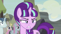 Size: 500x280 | Tagged: safe, screencap, amber tresses, cloud brûlée, double diamond, dusk drift, moon dust, party favor, starlight glimmer, earth pony, pony, unicorn, g4, the cutie map, animated, crying, cute, discovery family, discovery family logo, favorbetes, female, male, mare, stallion