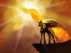 Size: 956x720 | Tagged: safe, artist:cosmicunicorn, artist:equum_amici, nightmare star, alicorn, pony, g4, animated, cinemagraph, female, fire, glowing eyes, solo, sun, surreal, visual effects of awesome