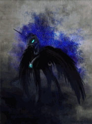 Size: 761x1024 | Tagged: safe, artist:cosmicunicorn, artist:equum_amici, edit, nightmare moon, alicorn, pony, g4, animated, cinemagraph, ethereal mane, female, glowing eyes, metal as fuck, solo