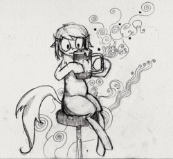 Size: 2032x1872 | Tagged: safe, oc, oc only, oc:amber rose (thingpone), oc:thingpone, beer, grayscale, monochrome, sketch, solo, traditional art