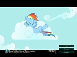 Size: 1024x768 | Tagged: safe, artist:shelltoon, rainbow dash, pegasus, pony, g4, artifact, civilization, civilization v, cloud, crossed legs, cutie mark, eyes closed, female, game screencap, hooves, hooves behind head, leaning back, lying on a cloud, mare, mod, on a cloud, on back, smiling, solo, text, wallpaper, wings