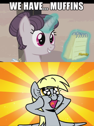 Size: 448x599 | Tagged: safe, artist:zicygomar, edit, screencap, derpy hooves, sugar belle, pegasus, pony, g4, the cutie map, cute, derpabetes, discovery family logo, female, glowing, happy, image macro, magic, mare, meme, notepad, reaction image, squishy cheeks, sunburst background, this will end in colic, this will end in disappointment
