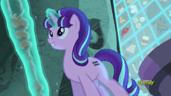 Size: 500x280 | Tagged: safe, screencap, starlight glimmer, pony, unicorn, g4, season 5, the cutie map, animated, blinking, cute, cutie mark vault, discovery family, discovery family logo, female, glimmerbetes, glowing horn, horn, lidded eyes, magic, mare, raised hoof, s5 starlight, smiling, solo, staff, staff of sameness, telekinesis, when she smiles