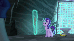 Size: 500x280 | Tagged: safe, screencap, rarity, starlight glimmer, g4, the cutie map, animated, cutie mark vault, discovery family, discovery family logo, female, s5 starlight, staff, staff of sameness
