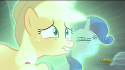 Size: 800x450 | Tagged: safe, screencap, applejack, rarity, g4, the cutie map, cutie mark theft, eyes closed, frown, gritted teeth, invisible stallion, lip bite, magic, out of context, stealing, straining, wide eyes