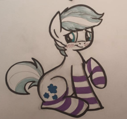 Size: 574x540 | Tagged: safe, artist:drawponies, double diamond, g4, the cutie map, blushing, clothes, male, socks, solo, striped socks, traditional art