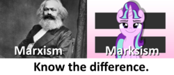 Size: 1248x540 | Tagged: safe, starlight glimmer, human, g4, the cutie map, communism, comparison, irl, irl human, karl marx, know the difference, marxism, mind blown, photo, pun, stalin glimmer