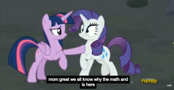 Size: 1600x830 | Tagged: safe, screencap, rarity, twilight sparkle, alicorn, pony, g4, the cutie map, female, mare, meme, twilight sparkle (alicorn), youtube caption